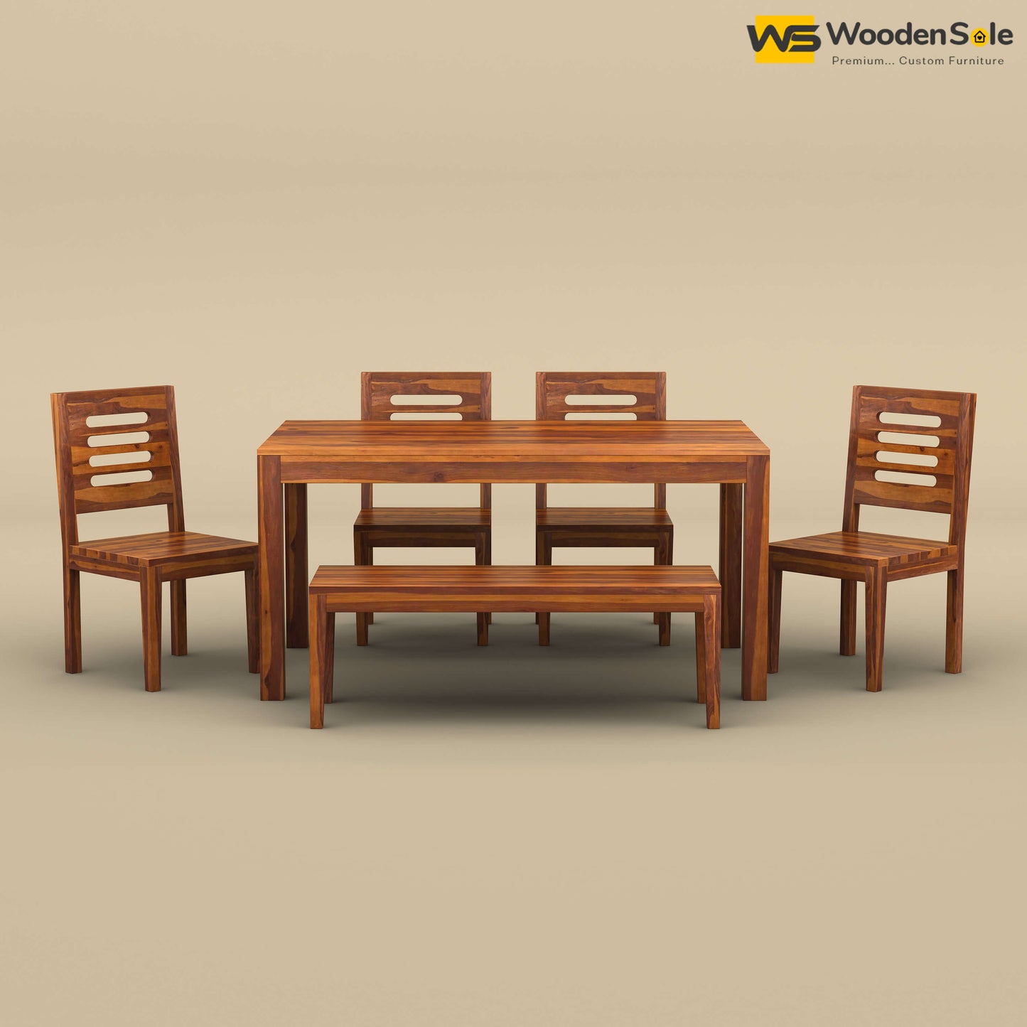 Sheesham Wood 6 Seater Dining Table Set with Bench (Honey Finish)