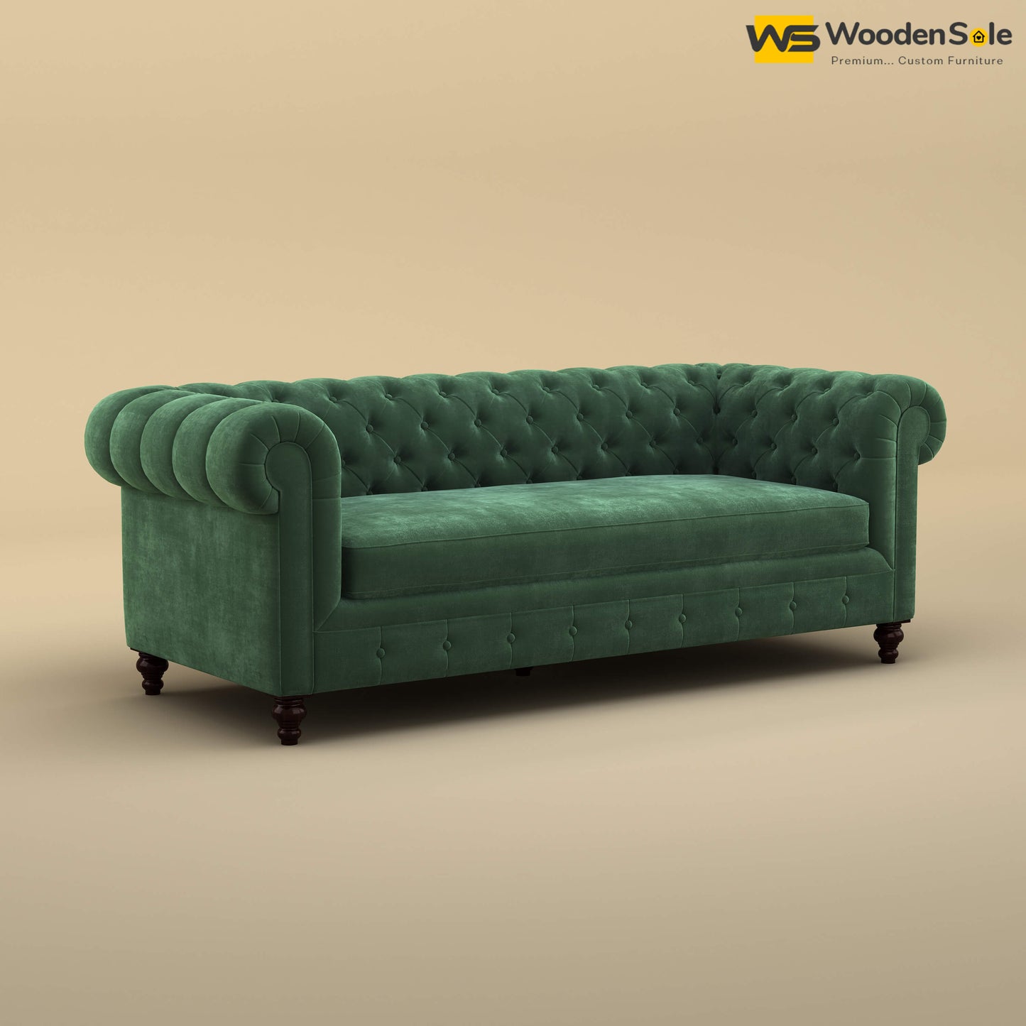 Maharaja Fabric 3 Seater Sofa (Velvet, Forest Green)