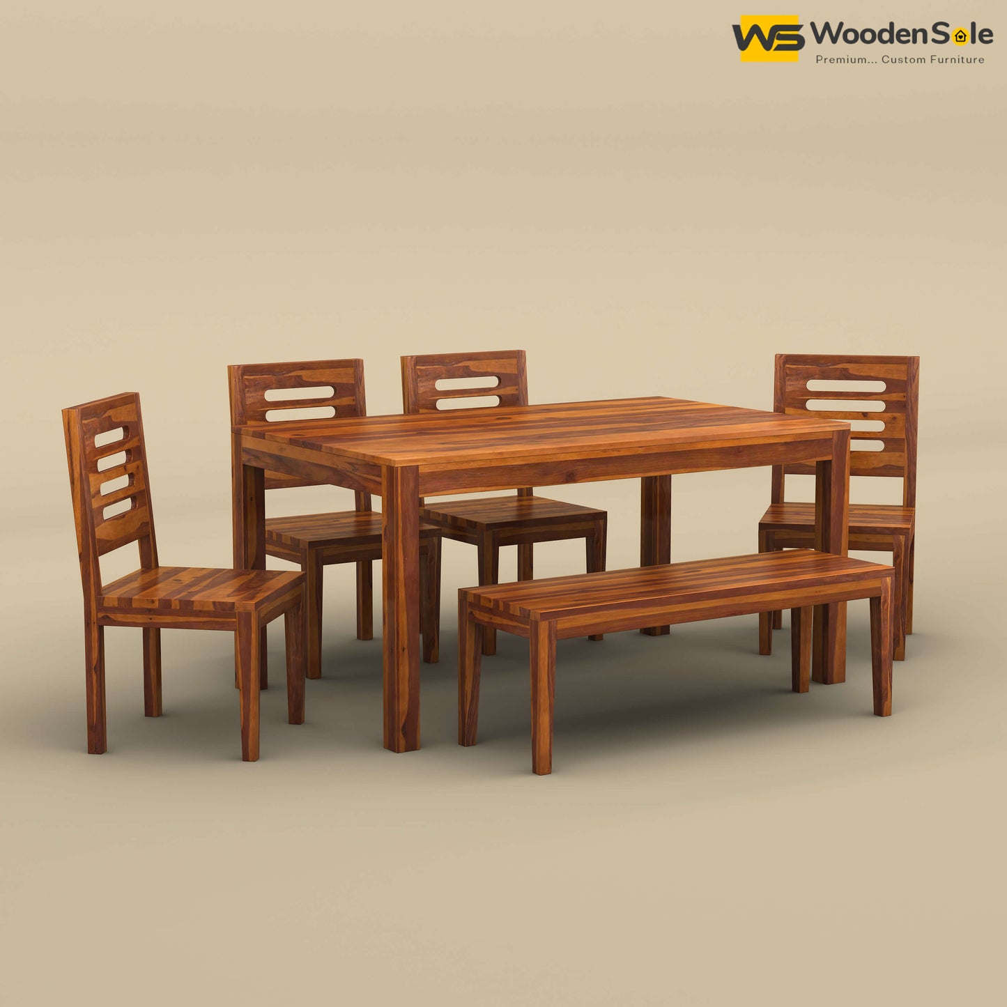 Sheesham Wood 6 Seater Dining Table Set with Bench (Honey Finish)