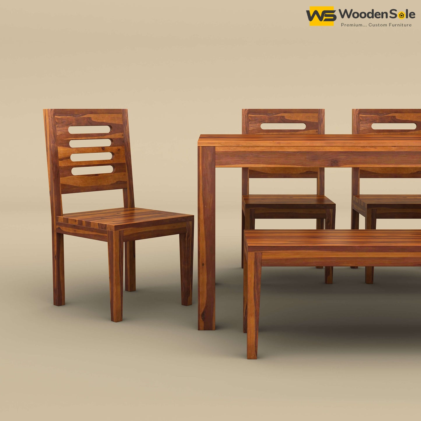 Sheesham Wood 6 Seater Dining Table Set with Bench (Honey Finish)