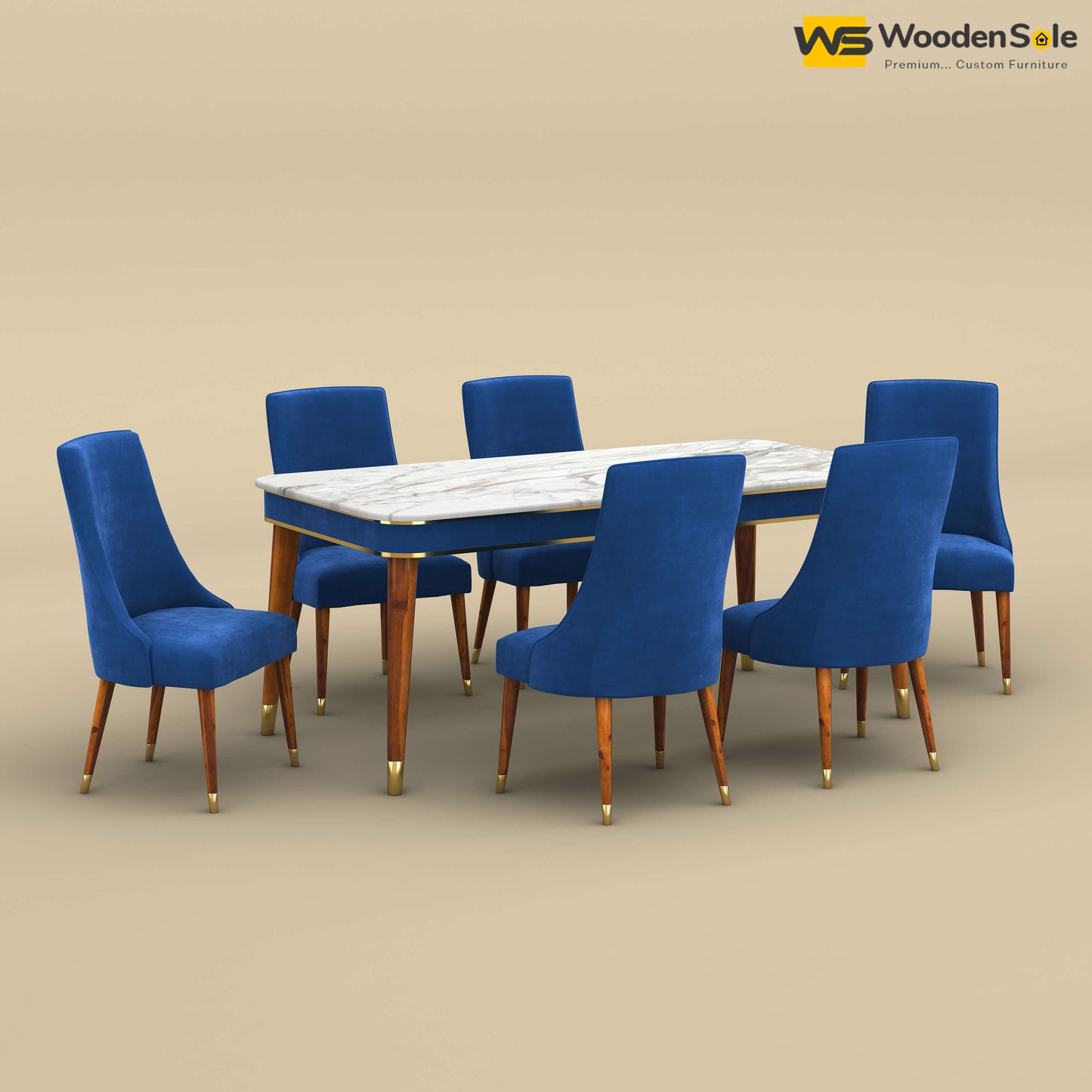 Dublin Marble Top 6 Seater Dining Set (Velvet, Royal Blue)