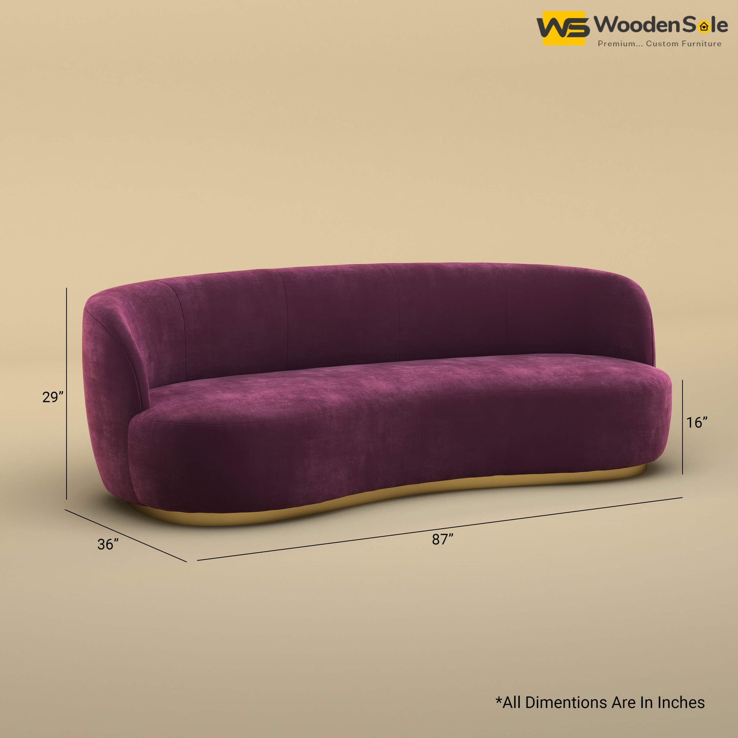 Rene Curved Modern 3-Seater Sofa (Velvet, Dark Purple)