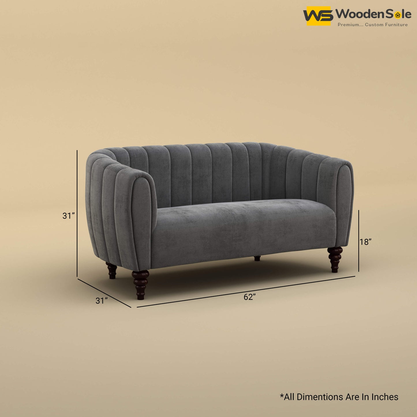 Amaya Two Seater Fabric Sofa (Velvet, Charcoal Gray)