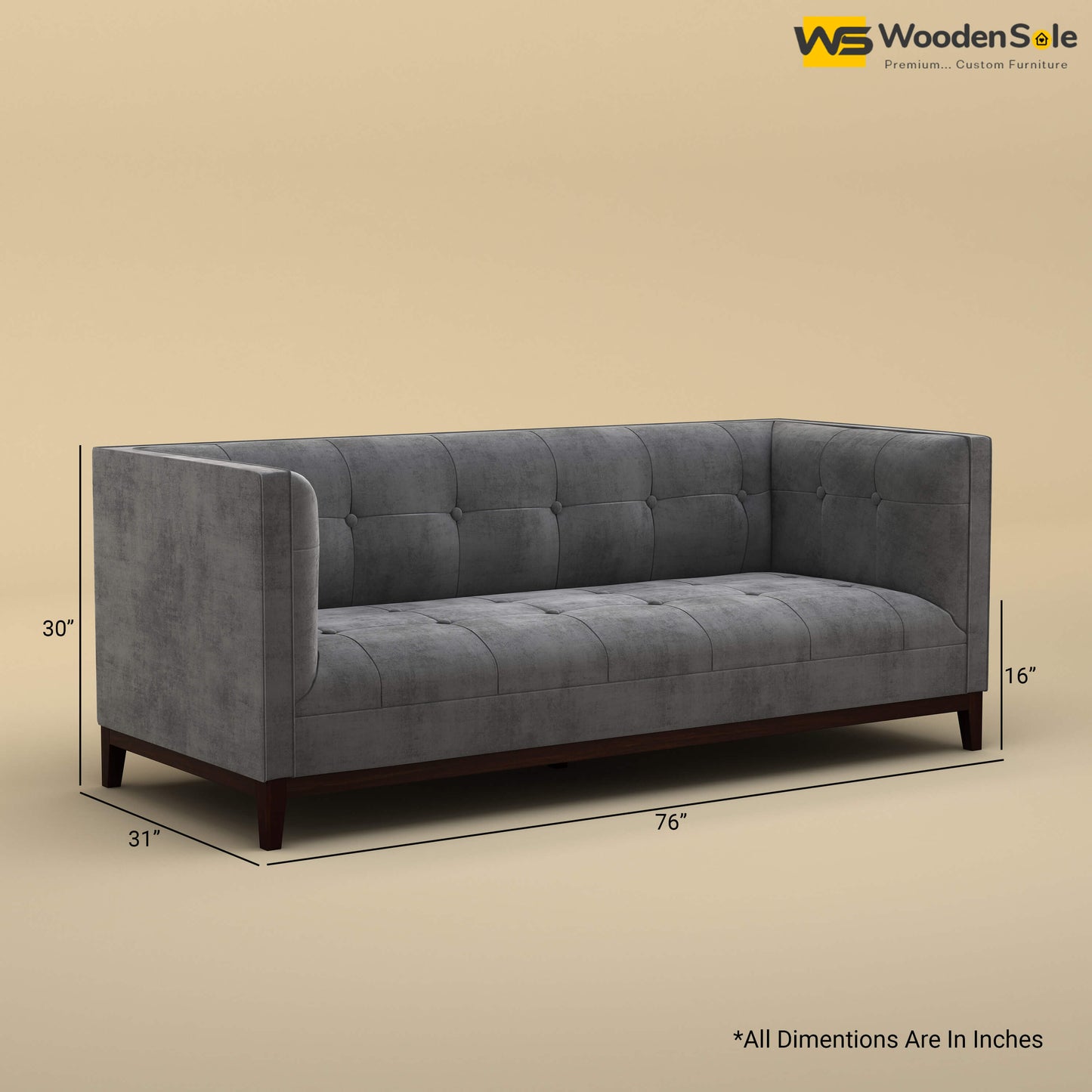 Loren Three Seater Fabric Sofa (Velvet, Charcoal Gray)