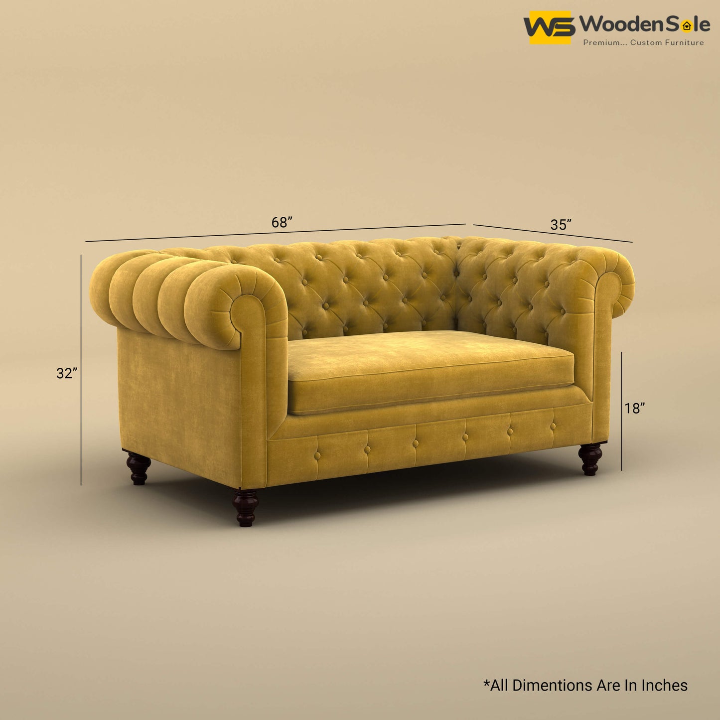 Maharaja Fabric 2 Seater Sofa (Velvet, Mustard Yellow)