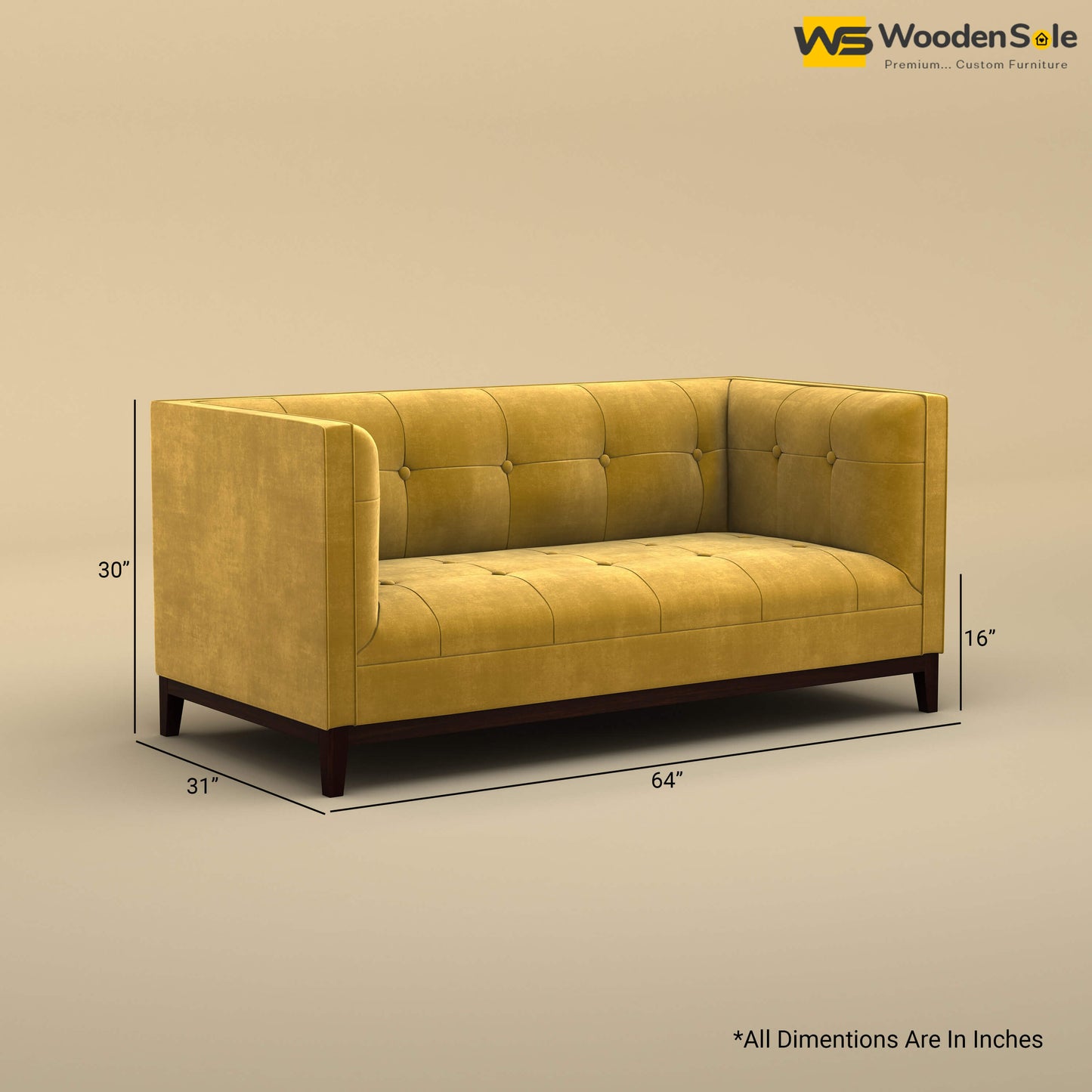 Loren Two Seater Fabric Sofa (Velvet, Mustard Yellow)