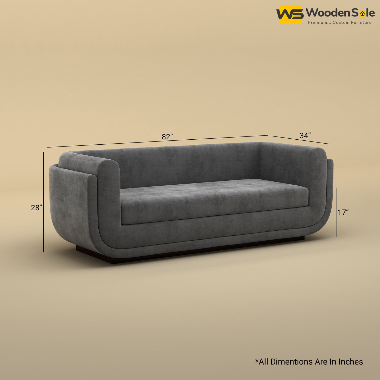 Vedant Three Seater Sofa (Velvet, Charcoal Gray)