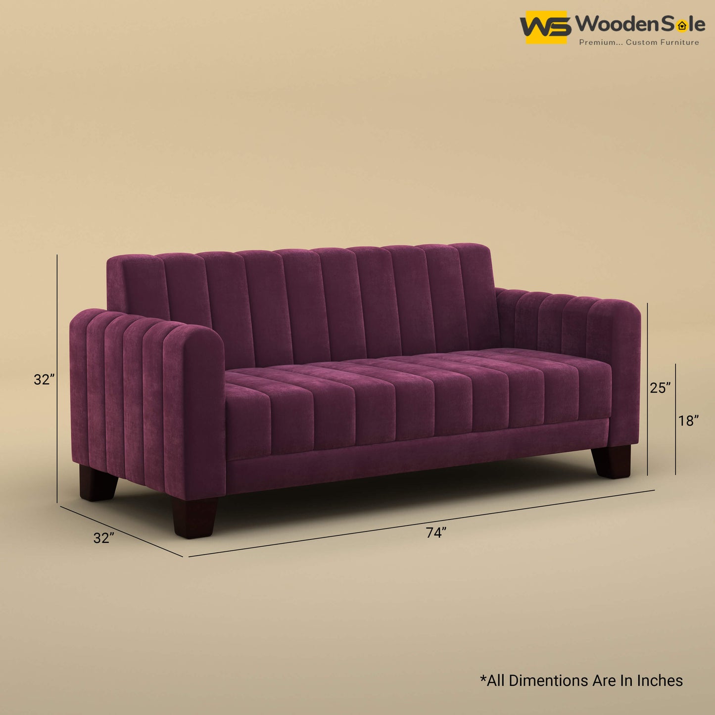 Furo 3 Seater Fabric Sofa (Velvet, Dark Purple)