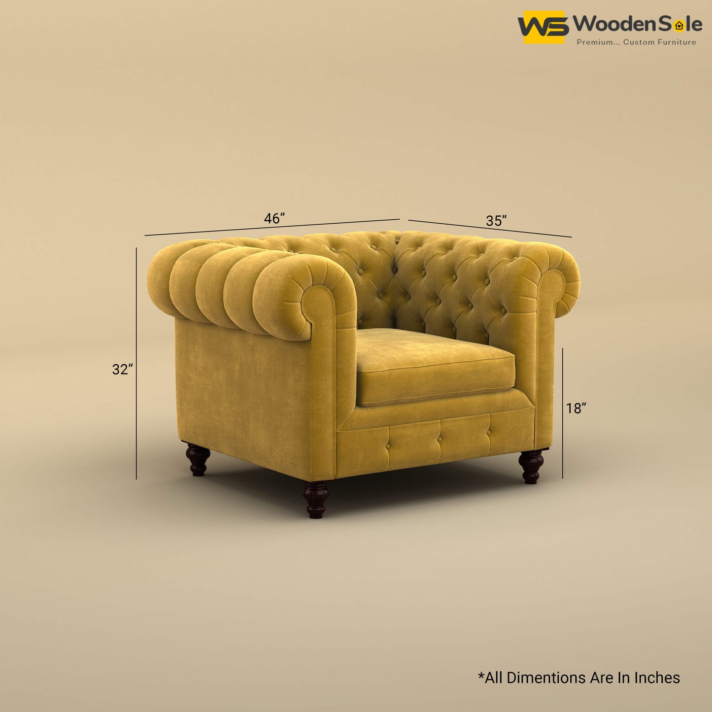 Maharaja Fabric 1 Seater Sofa (Velvet, Mustard Yellow)