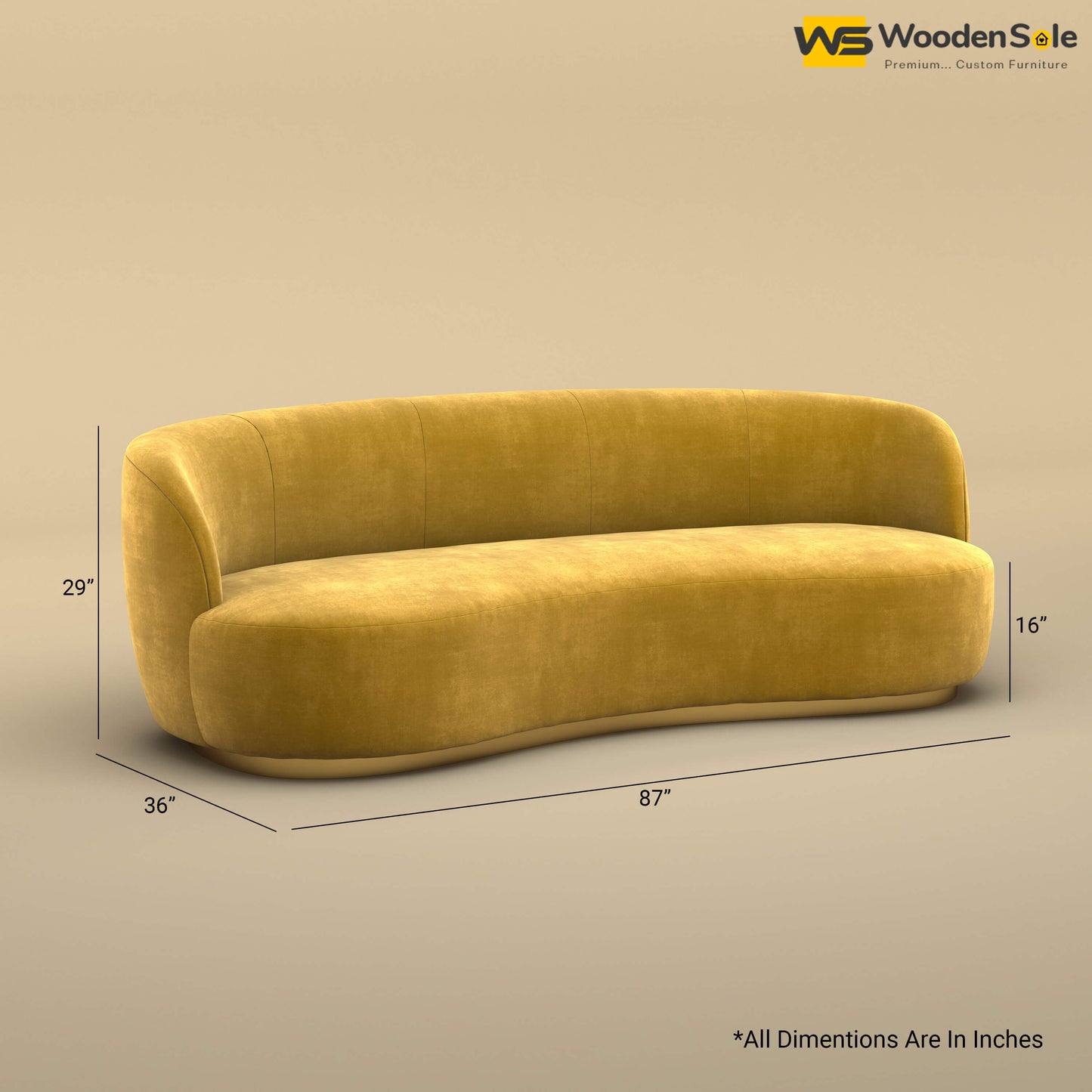 Rene Curved Modern 3-Seater Sofa (Velvet, Mustard Yellow)