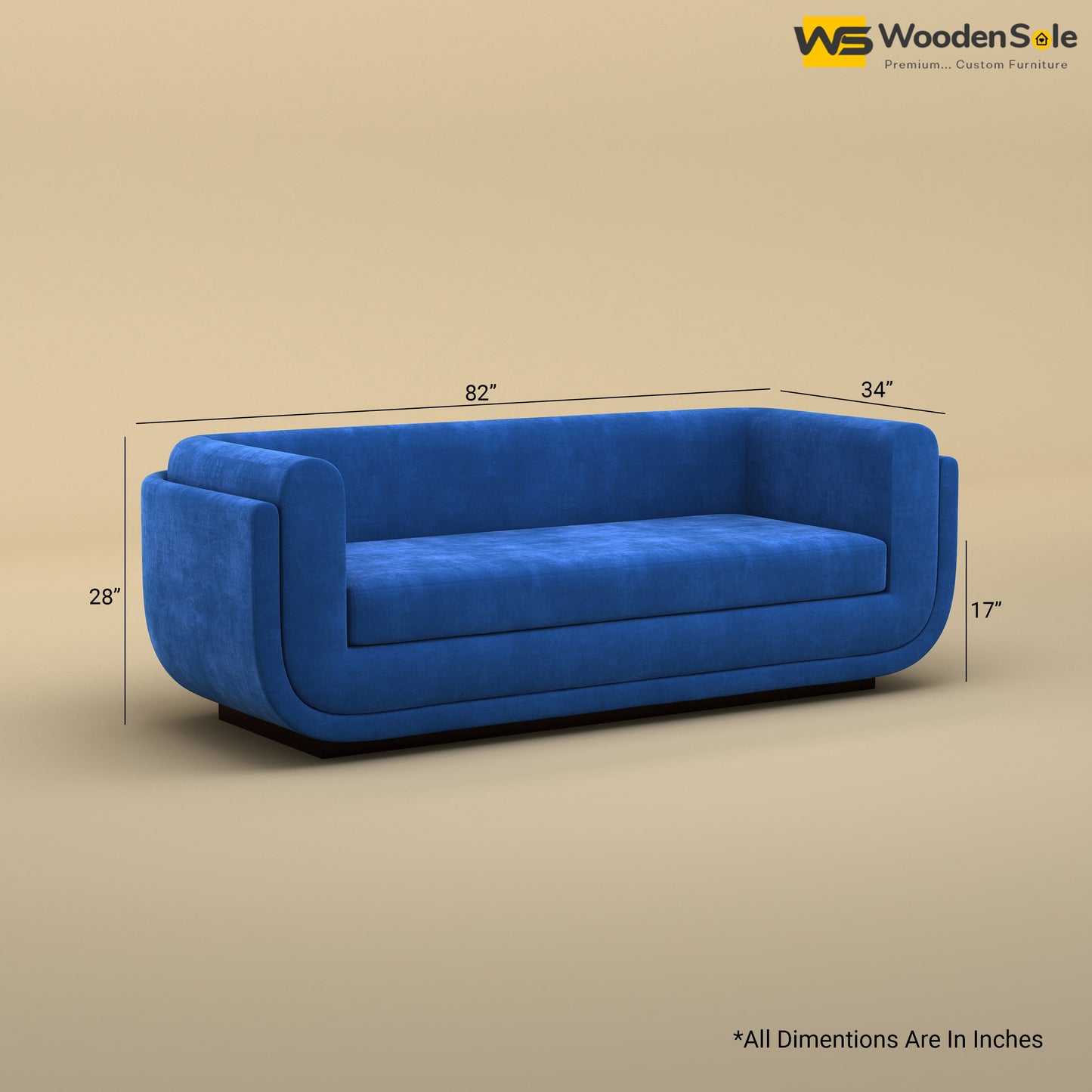 Vedant Three Seater Sofa (Velvet, Royal Blue)