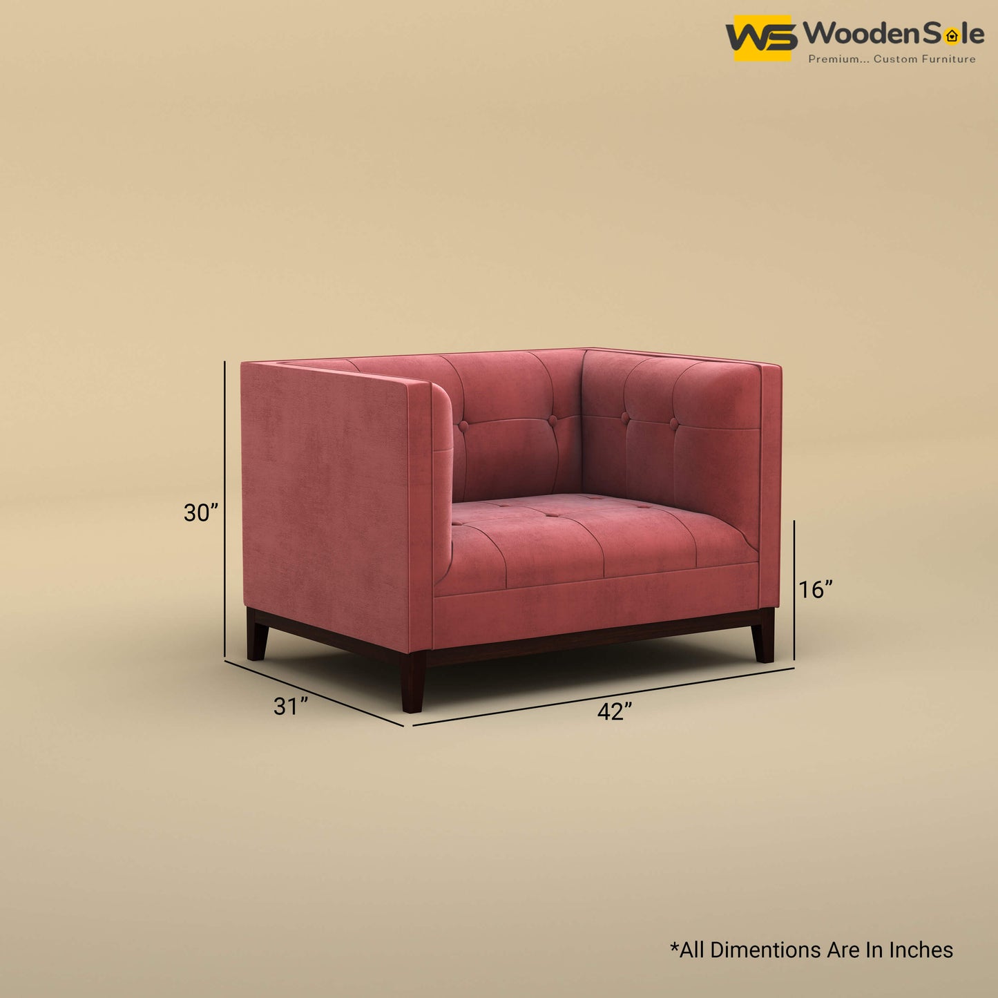 Loren One Seater Fabric Sofa (Velvet, Pink)