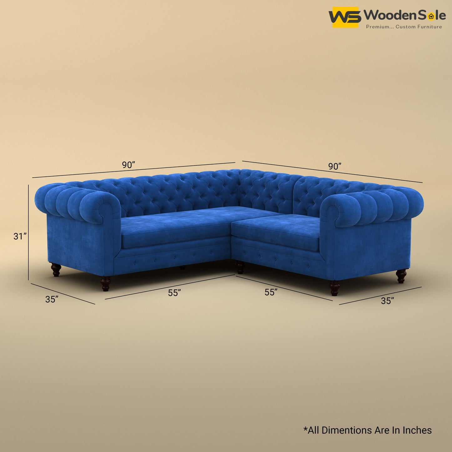 Maharaja Corner Sofa (Velvet, Royal Blue)
