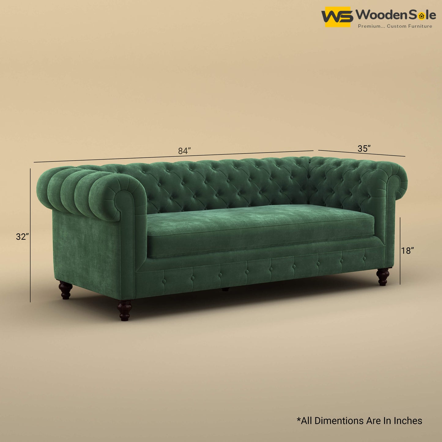 Maharaja Fabric 3 Seater Sofa (Velvet, Forest Green)
