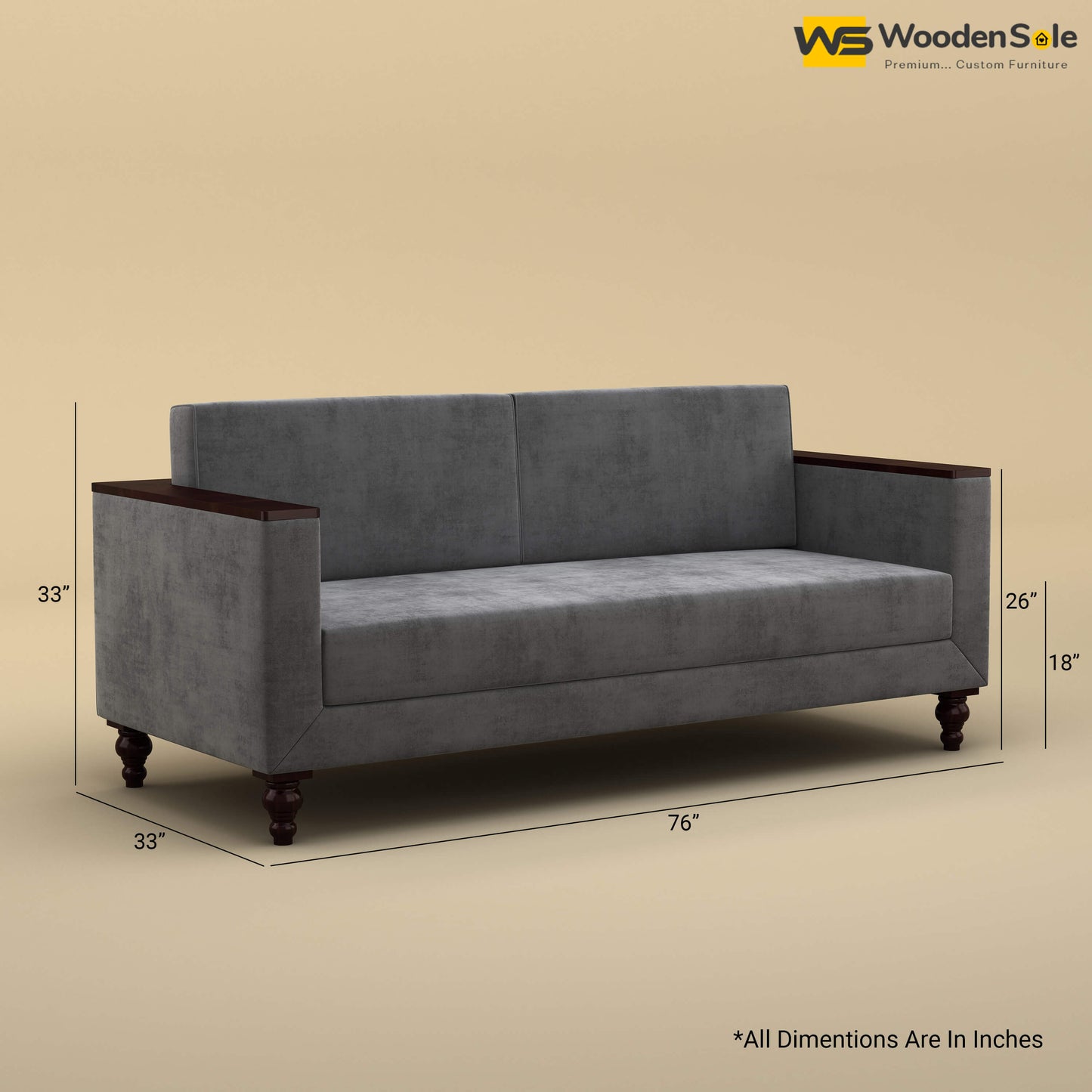 Tivoli 3 Seater Fabric Sofa (Velvet, Charcoal Gray)