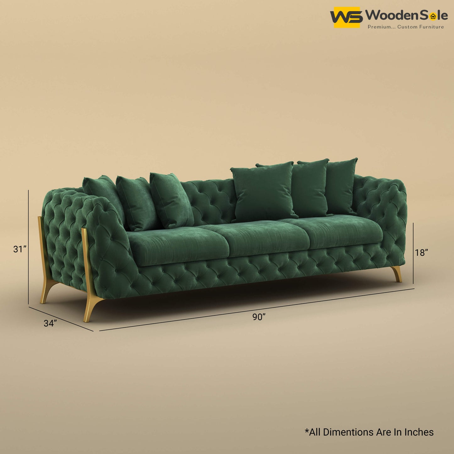 Adhira 3 Seater Premium Sofa (Velvet, Forest Green)