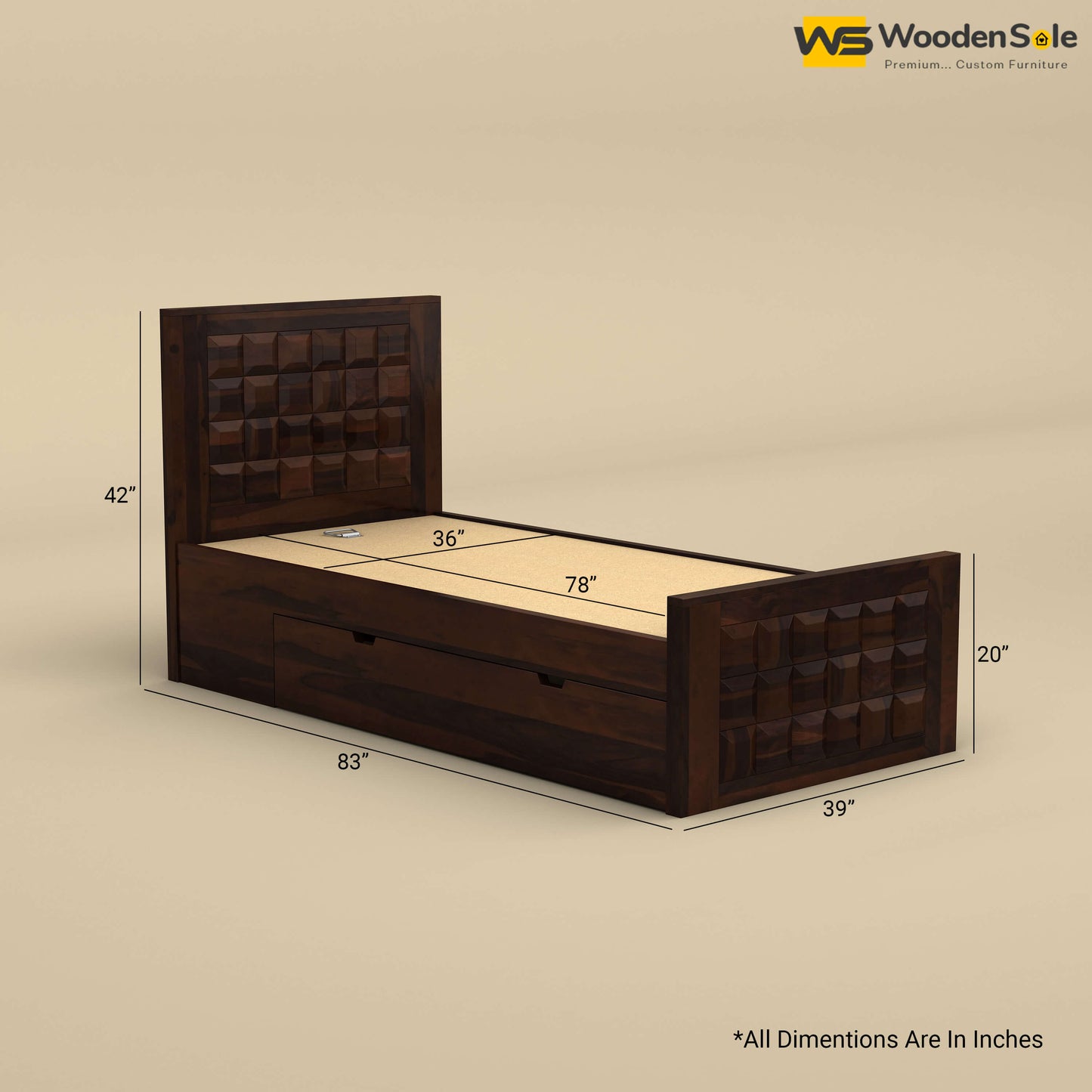 Diamond Drawer Storage Bed (Single, Walnut Finish)