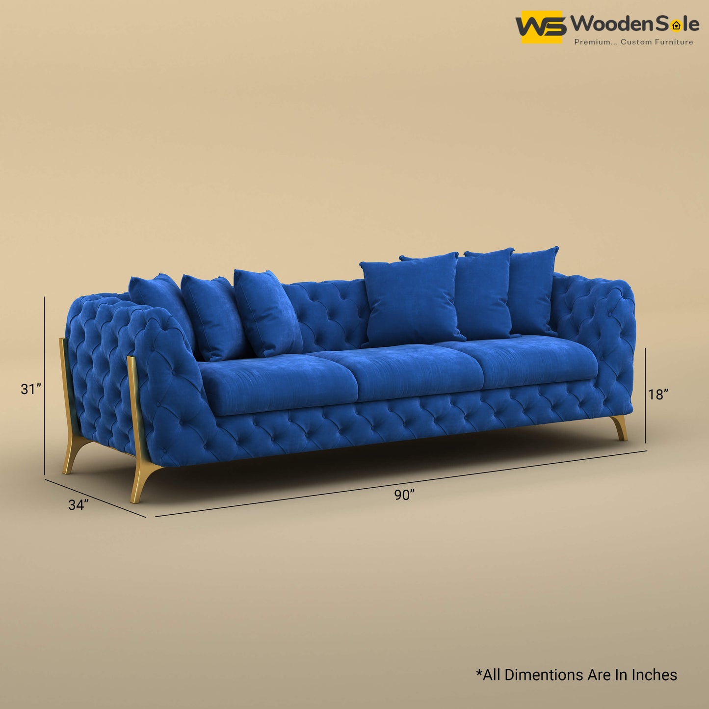 Adhira 3 Seater Premium Sofa (Velvet, Royal Blue)