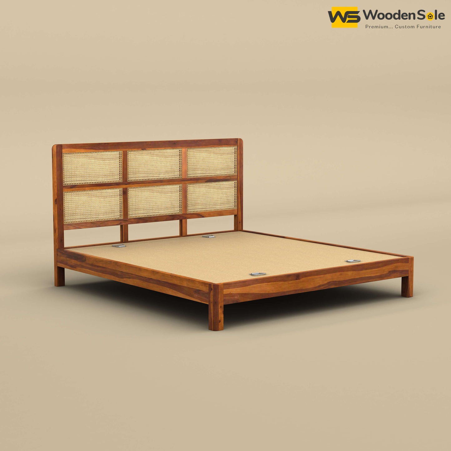 Wooden Rattan Platform Bed (King Size, Honey Finish)