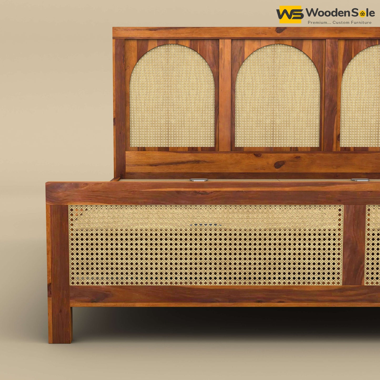 Wooden Rattan Cane Bed (King Size, Honey Finish)
