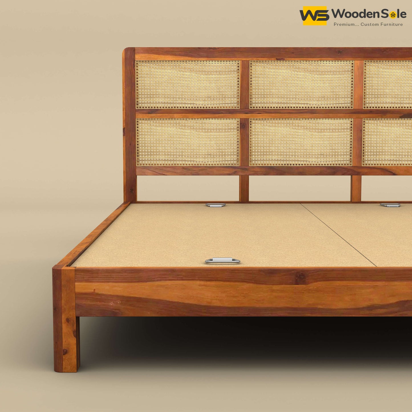 Wooden Rattan Platform Bed (King Size, Honey Finish)