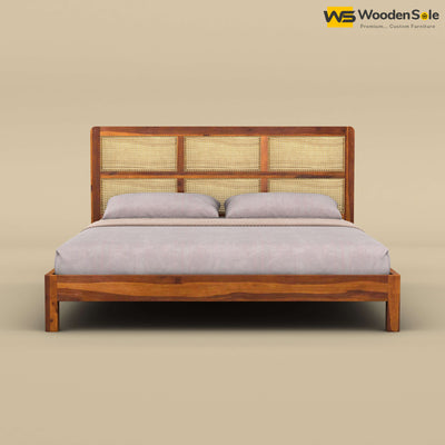 Wooden Rattan Platform Bed (King Size, Honey Finish)