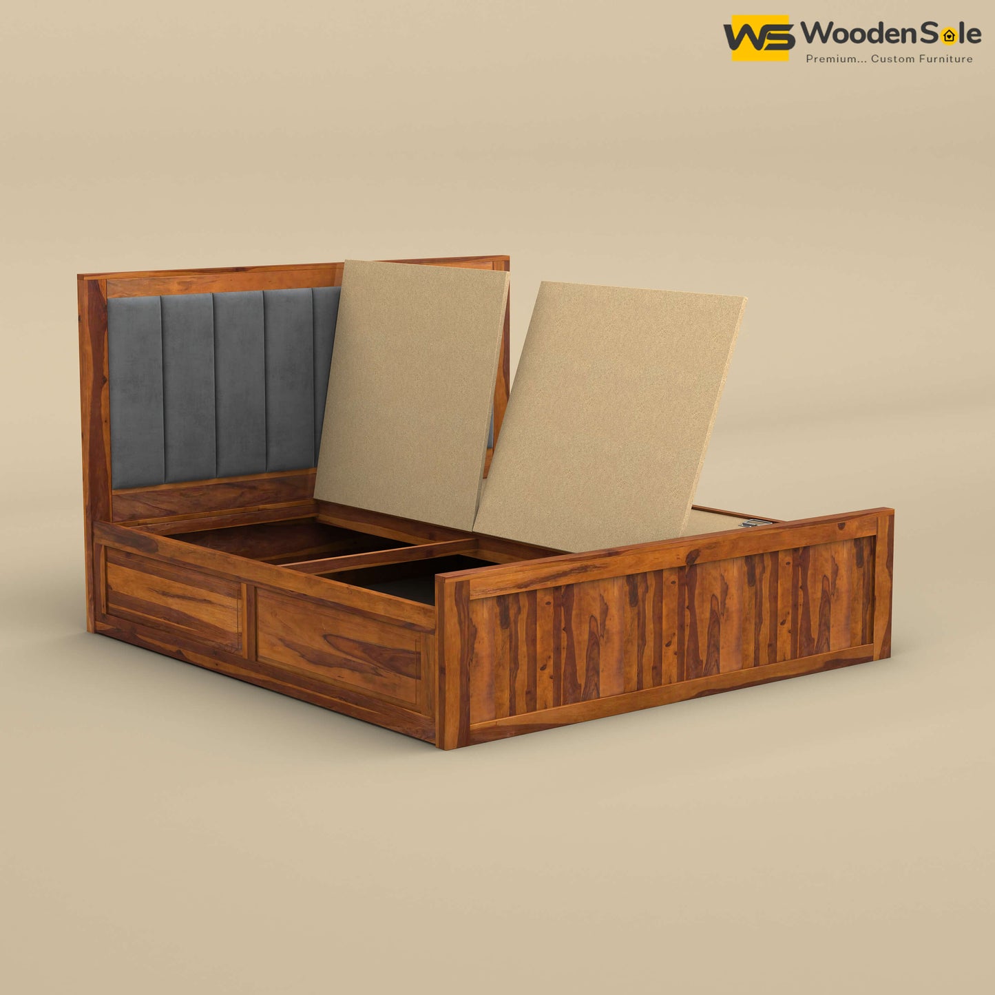 Hamza Box Storage Bed (King Size, Honey Finish)