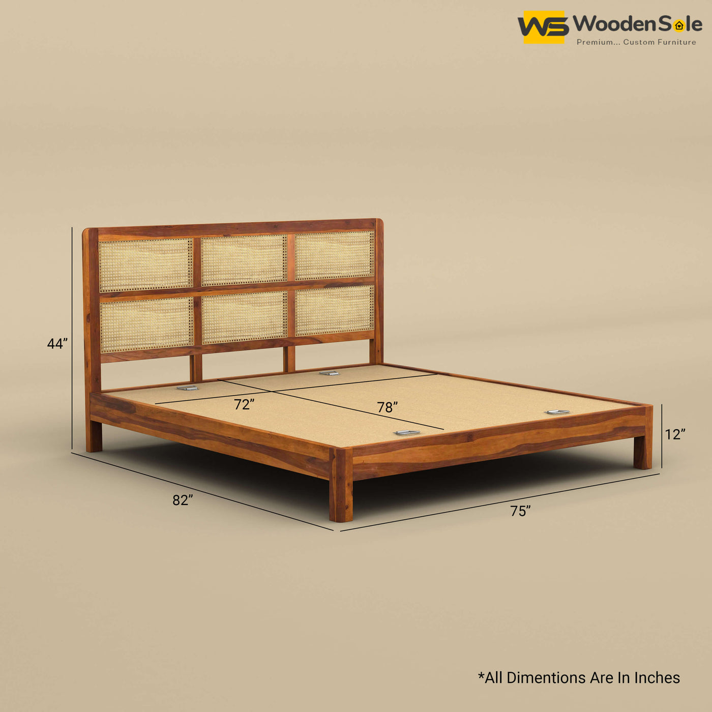 Wooden Rattan Platform Bed (King Size, Honey Finish)