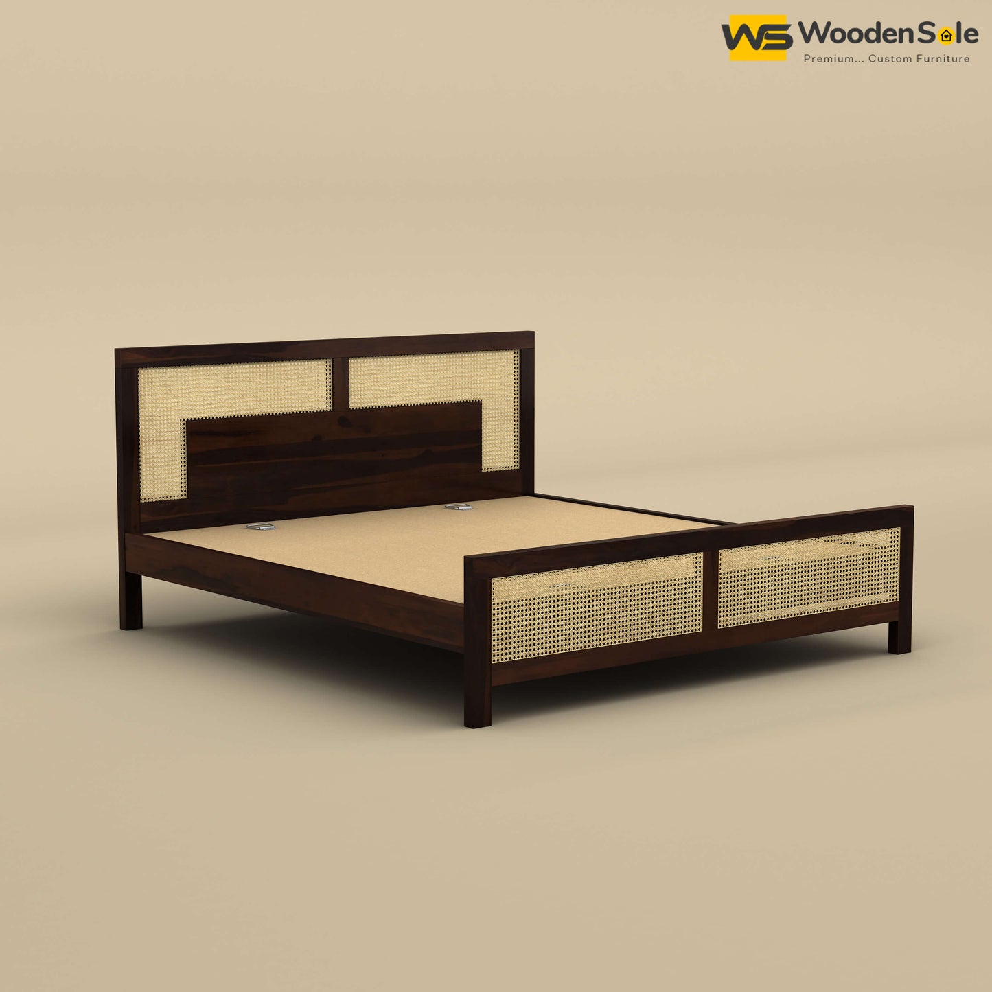 Wooden Sole Rattan Bed (King Size, Walnut Finish)