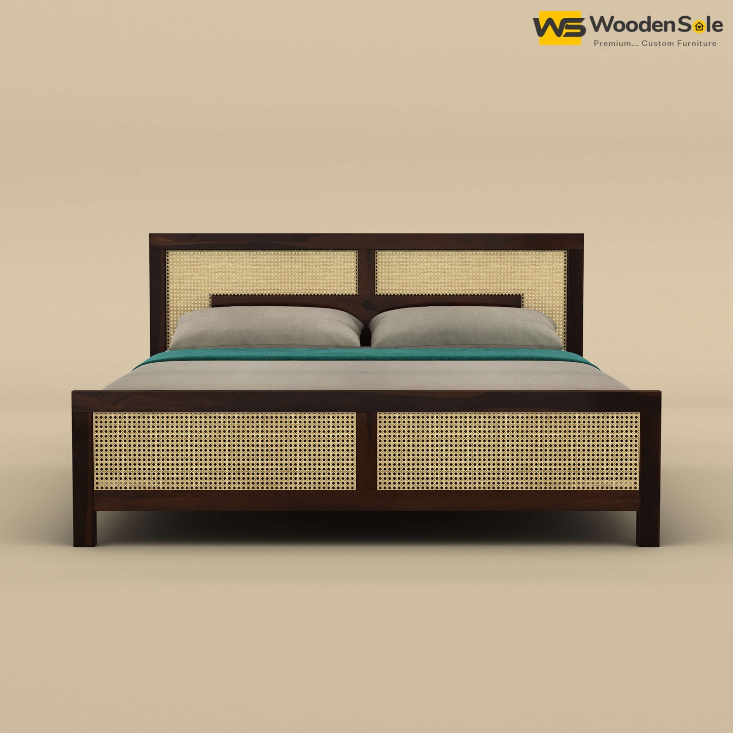 Wooden Sole Rattan Bed (King Size, Walnut Finish)