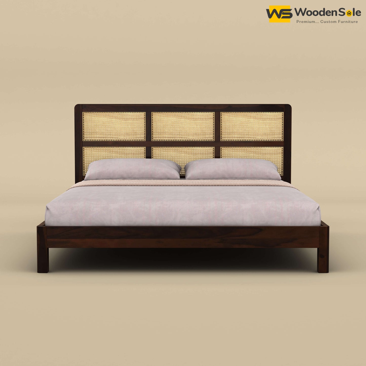 Wooden Rattan Platform Bed (King Size, Walnut Finish)