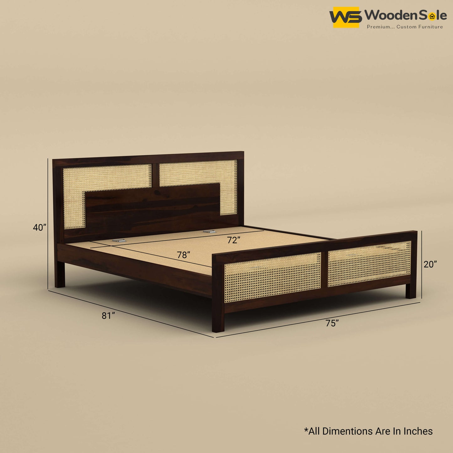 Wooden Sole Rattan Bed (King Size, Walnut Finish)