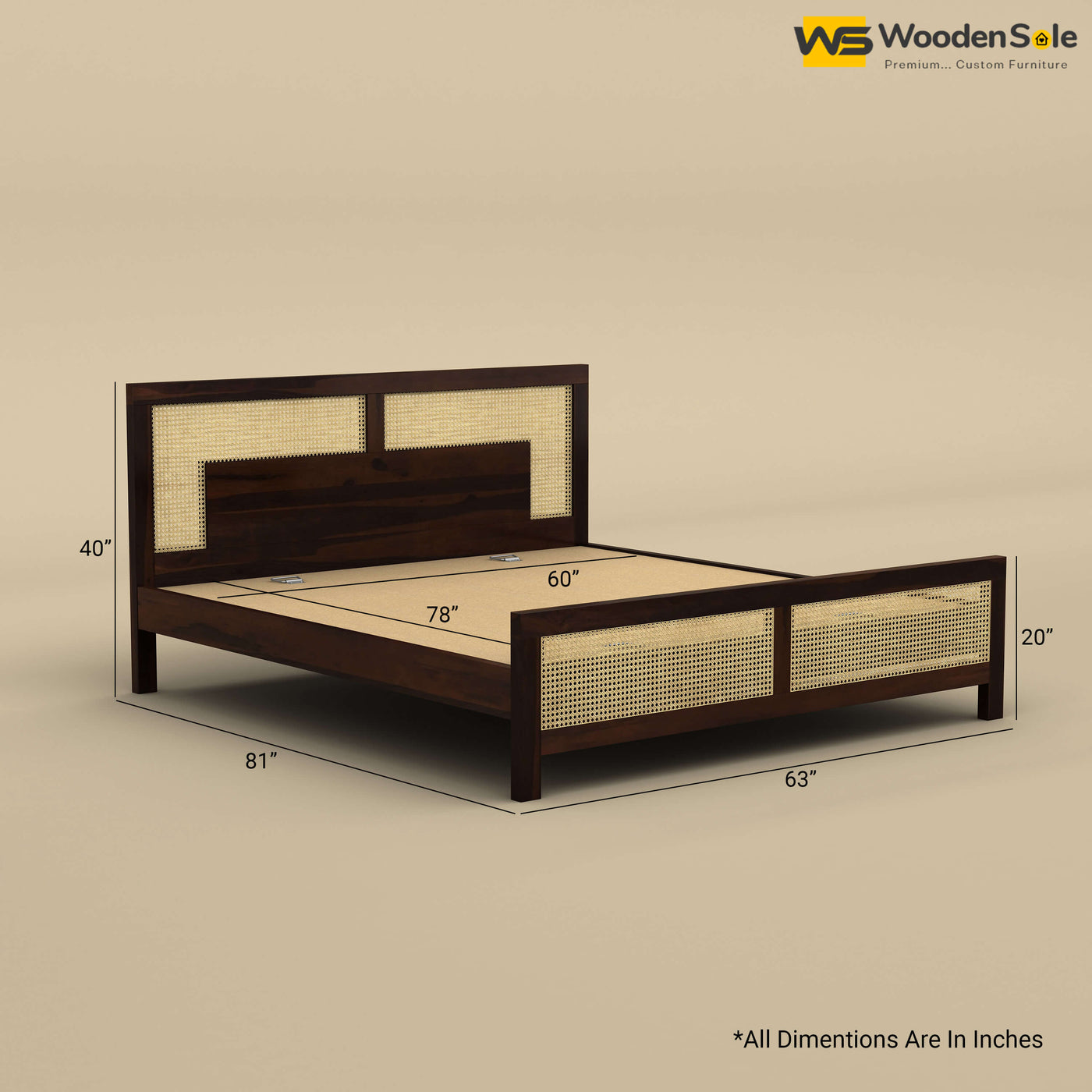 Wooden Sole Rattan Bed (Queen Size, Walnut Finish)