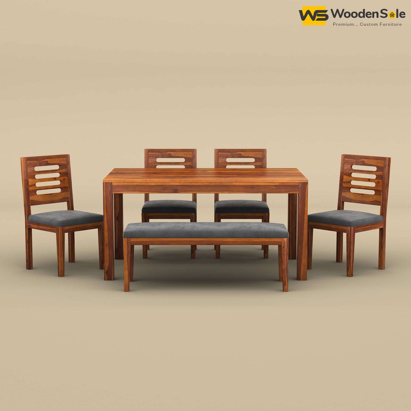 Sheesham Wood 6 Seater Dining Set with Upholstery Chair & Bench (Honey Finish)