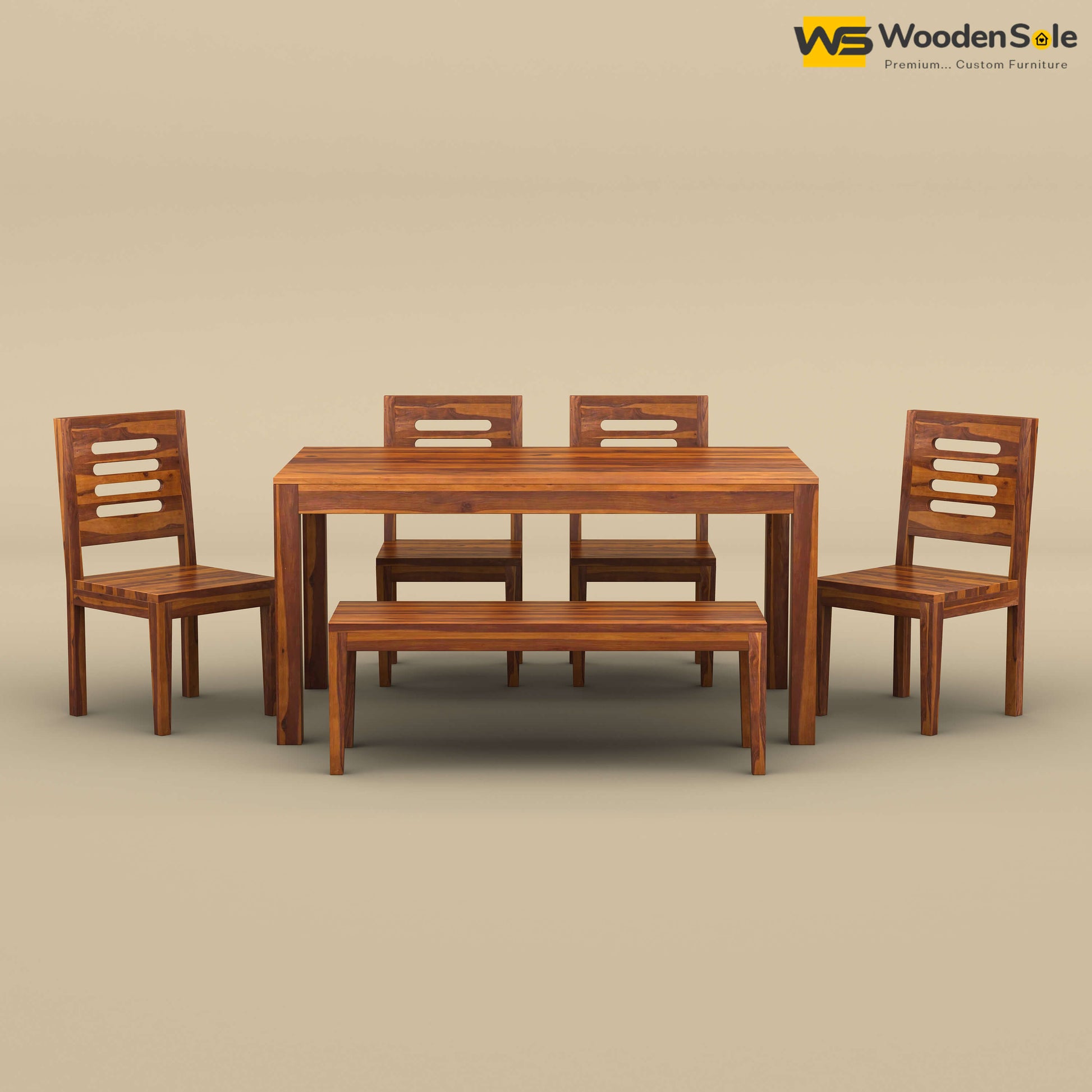 Sheesham Wood 6 Seater Dining Table Set with Bench (Honey Finish)