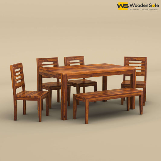 Sheesham Wood 6 Seater Dining Table Set with Bench (Honey Finish)