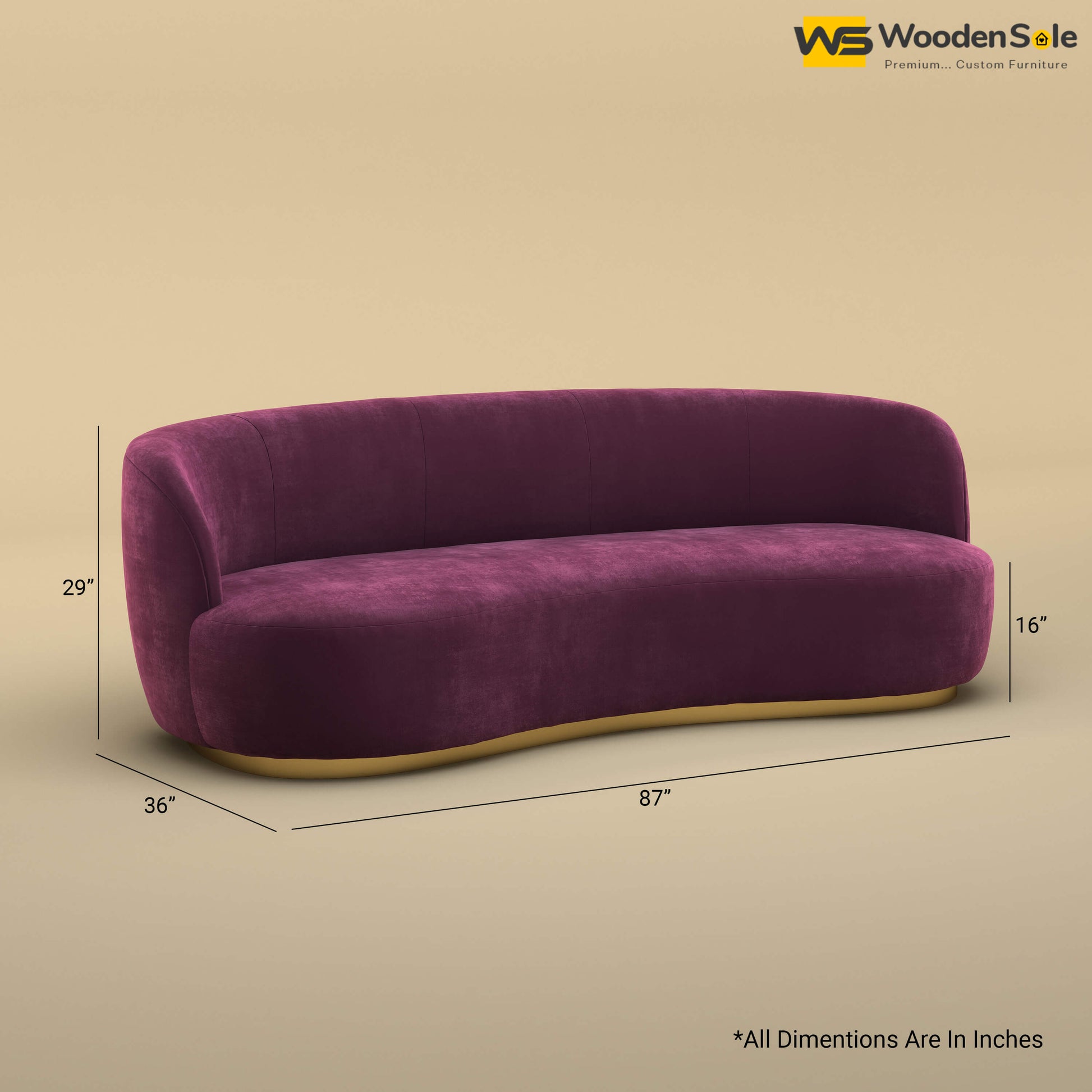 Rene Curved Modern 3-Seater Sofa (Velvet, Dark Purple)
