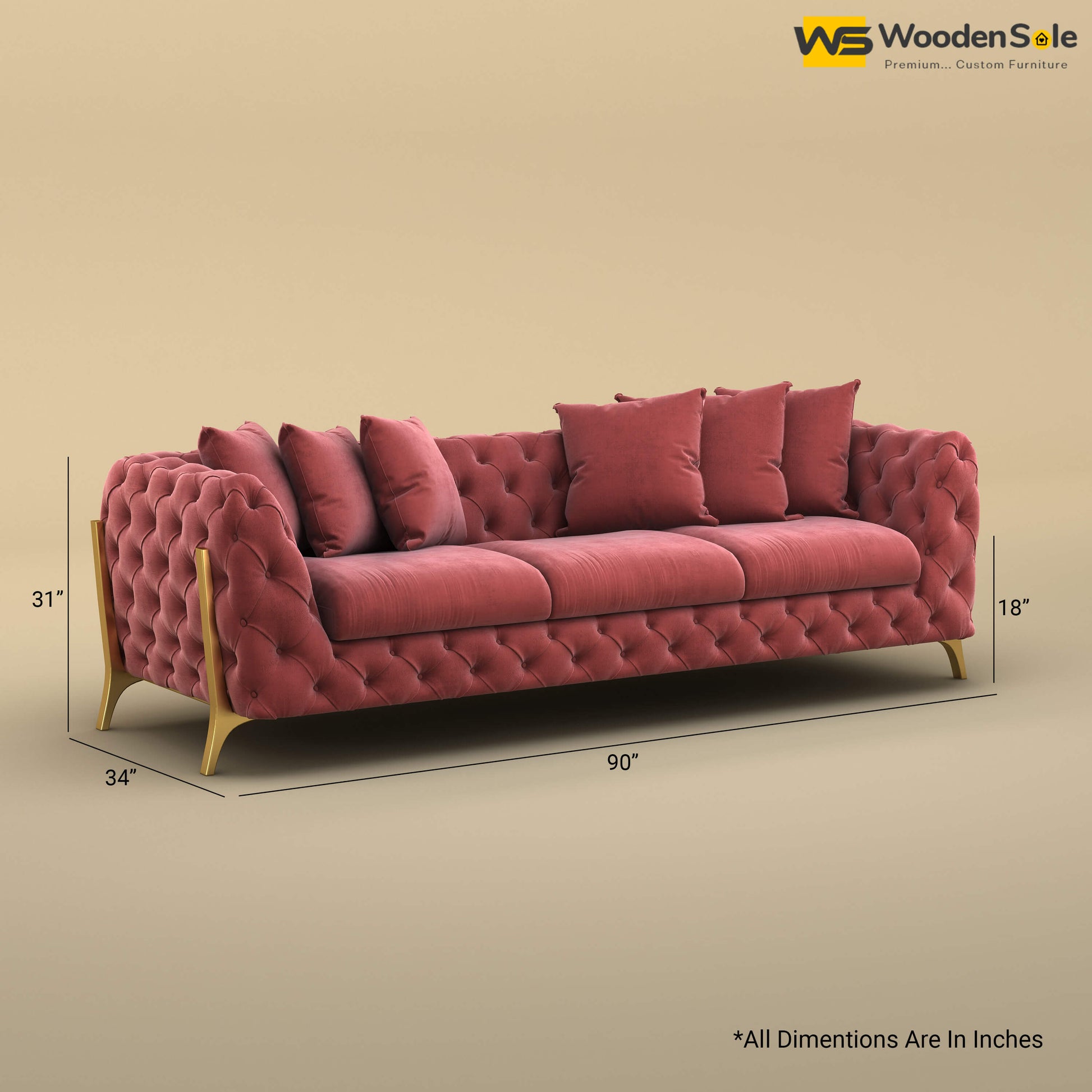 Adhira 3 Seater Premium Sofa (Velvet, Pink)