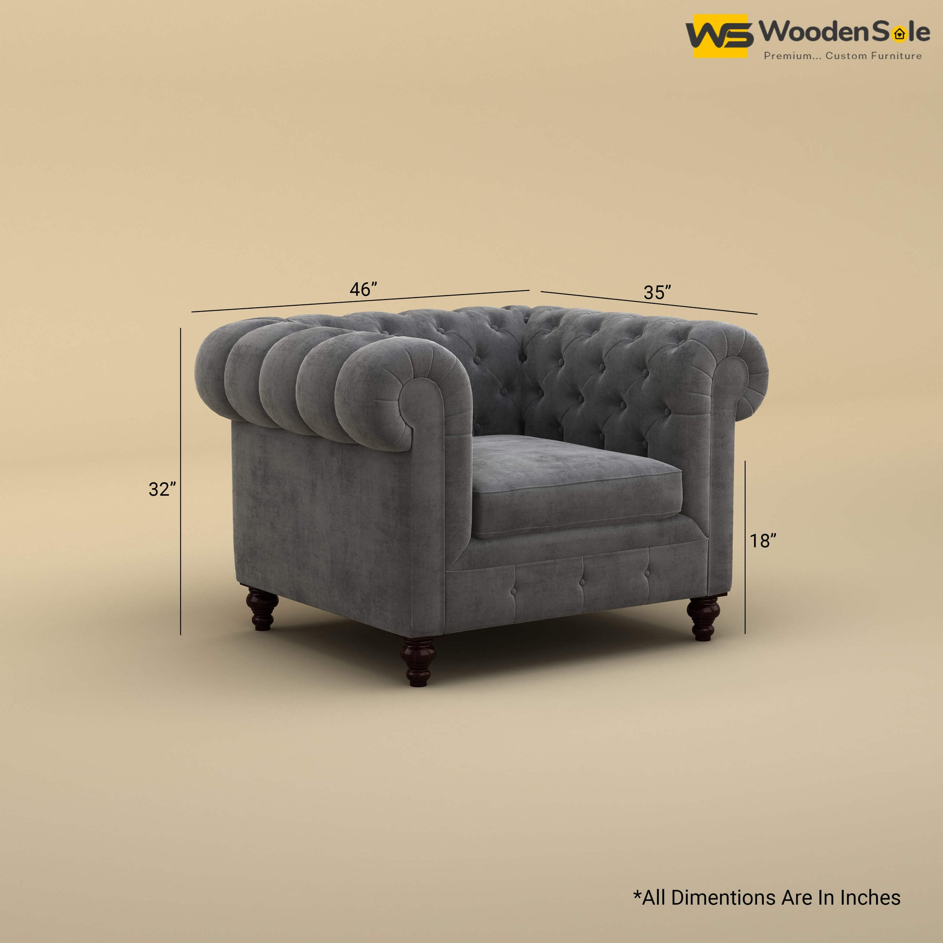 Maharaja Fabric 1 Seater Sofa (Velvet, Charcoal Gray)