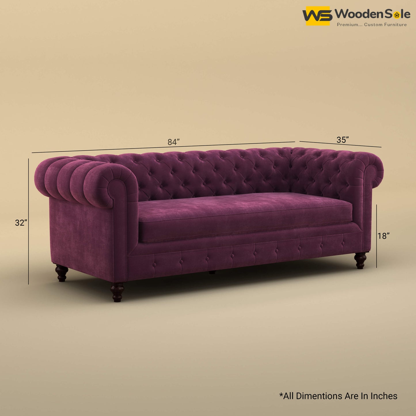 Maharaja Fabric 3 Seater Sofa (Velvet, Dark Purple)
