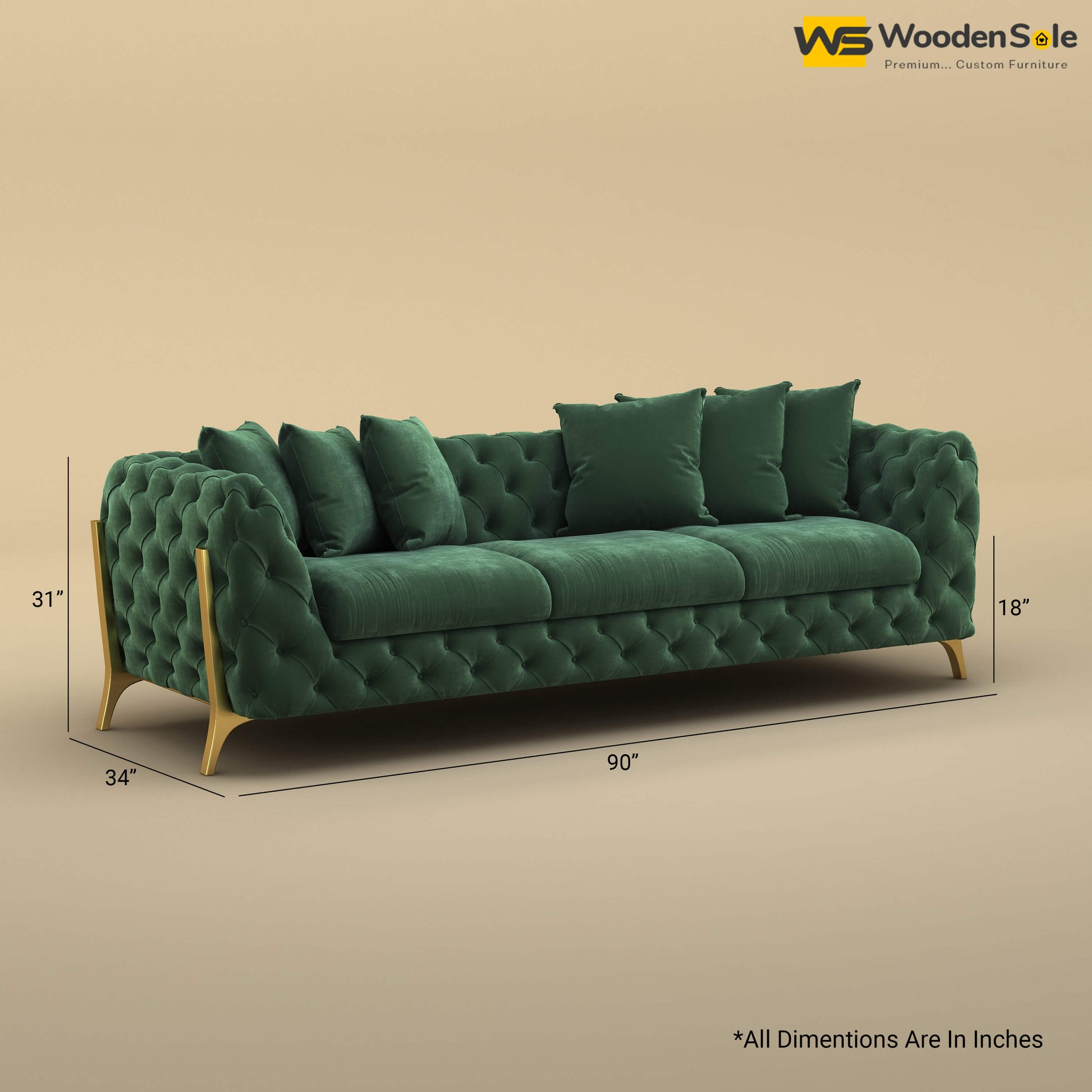 Adhira 3 Seater Premium Sofa (Velvet, Forest Green)