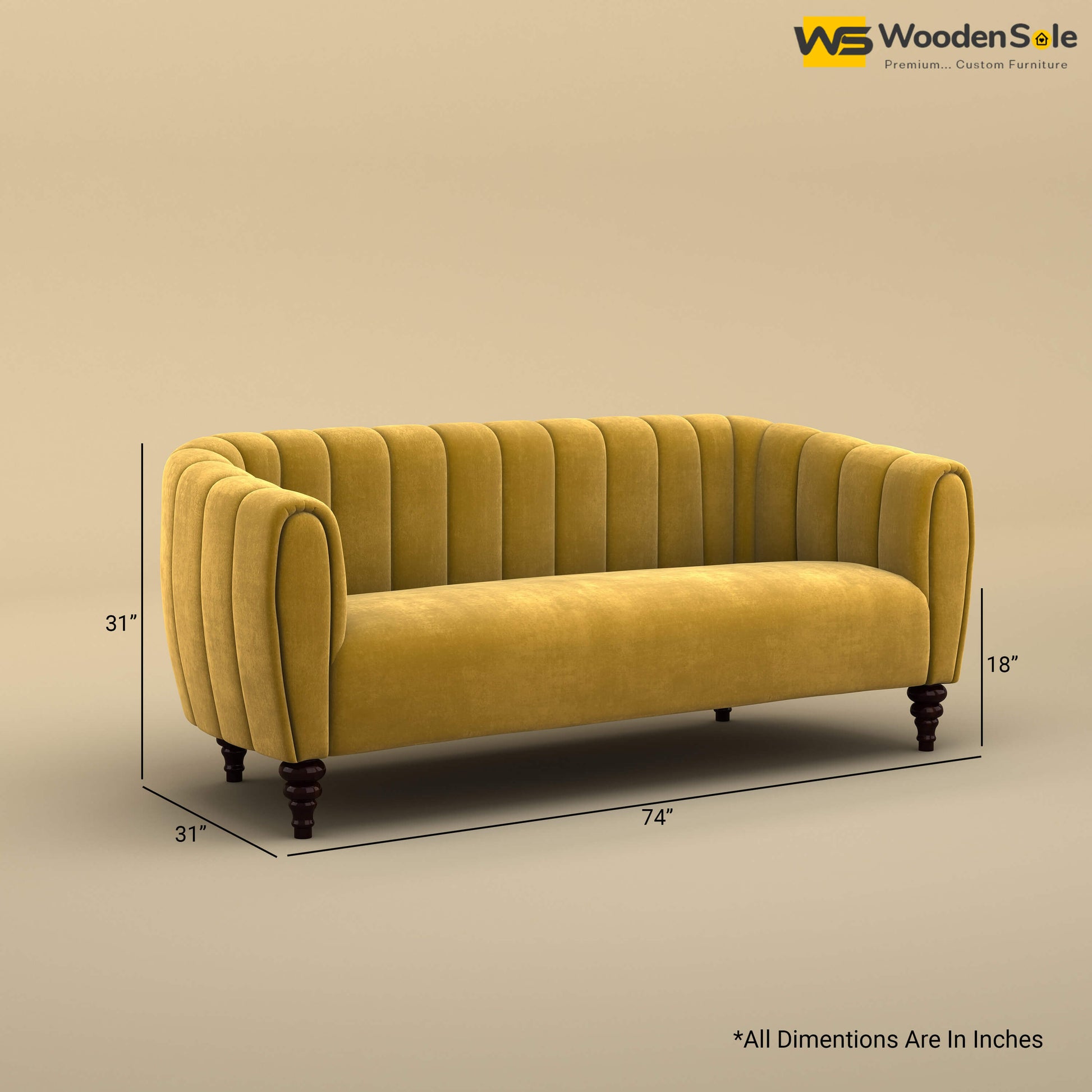 Amaya Three Seater Fabric Sofa (Velvet, Mustard Yellow)