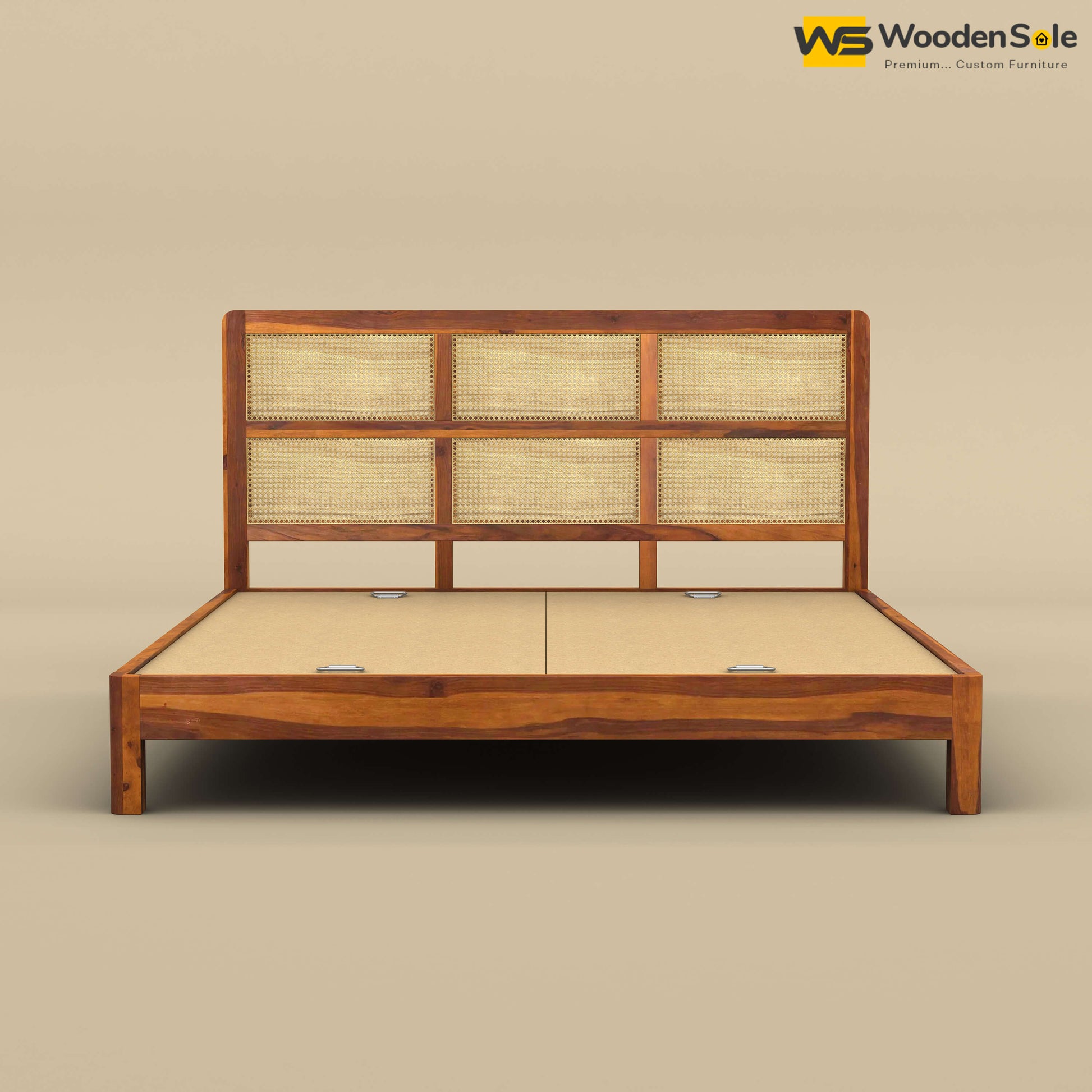 Wooden Rattan Platform Bed (King Size, Honey Finish)
