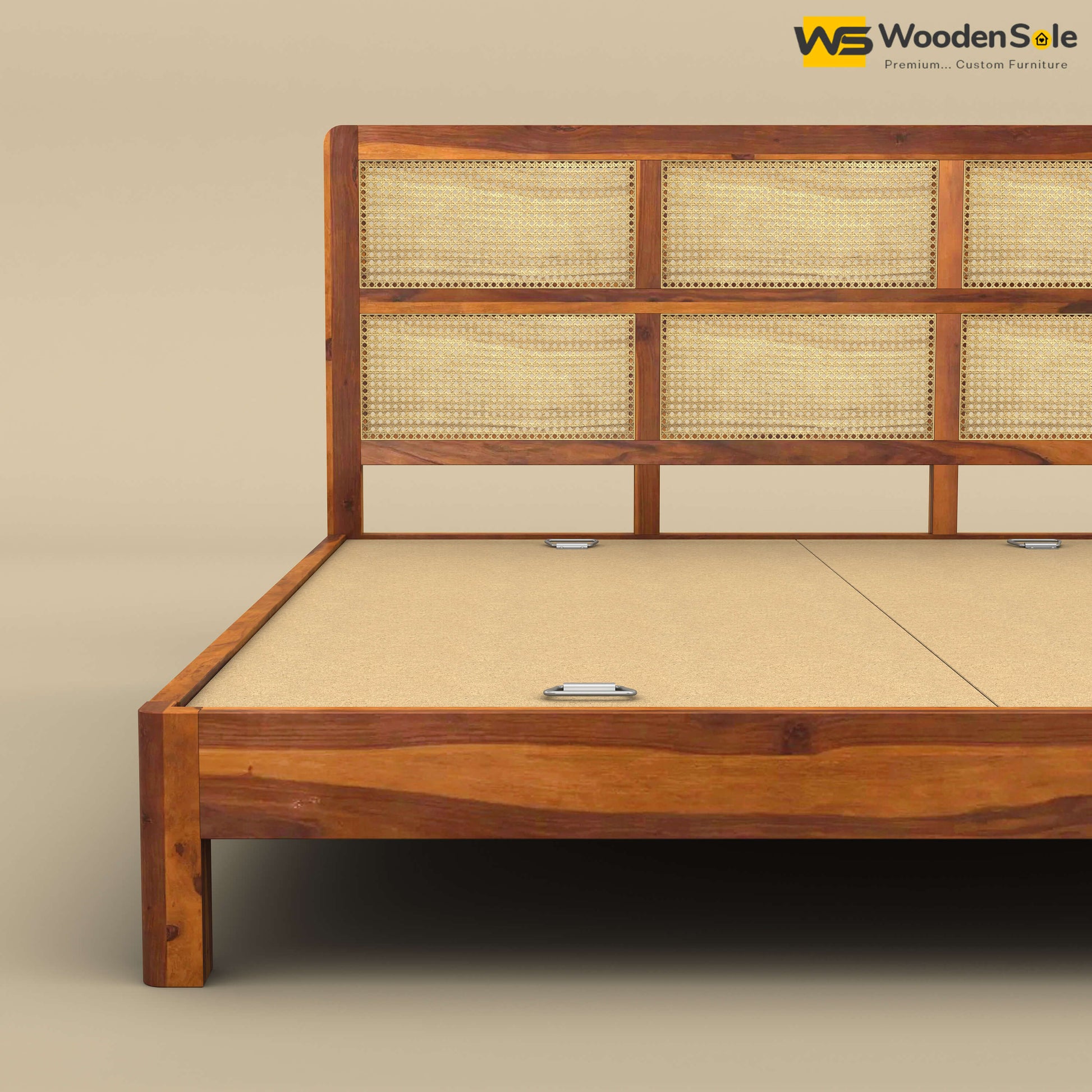 Wooden Rattan Platform Bed (King Size, Honey Finish)