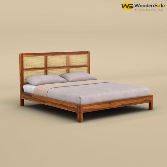 Wooden Rattan Platform Bed (King Size, Honey Finish)