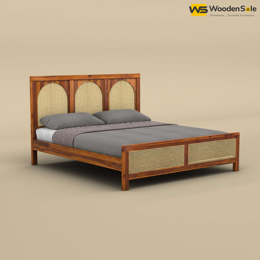 Wooden Rattan Cane Bed (King Size, Honey Finish)