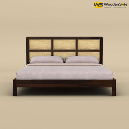 Wooden Rattan Platform Bed (King Size, Walnut Finish)