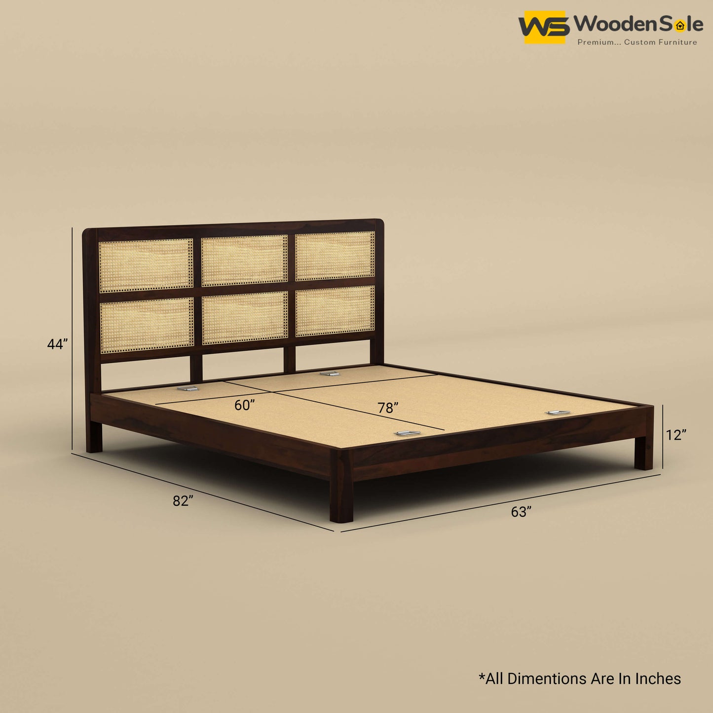 Wooden Rattan Platform Bed (Queen Size, Walnut Finish)