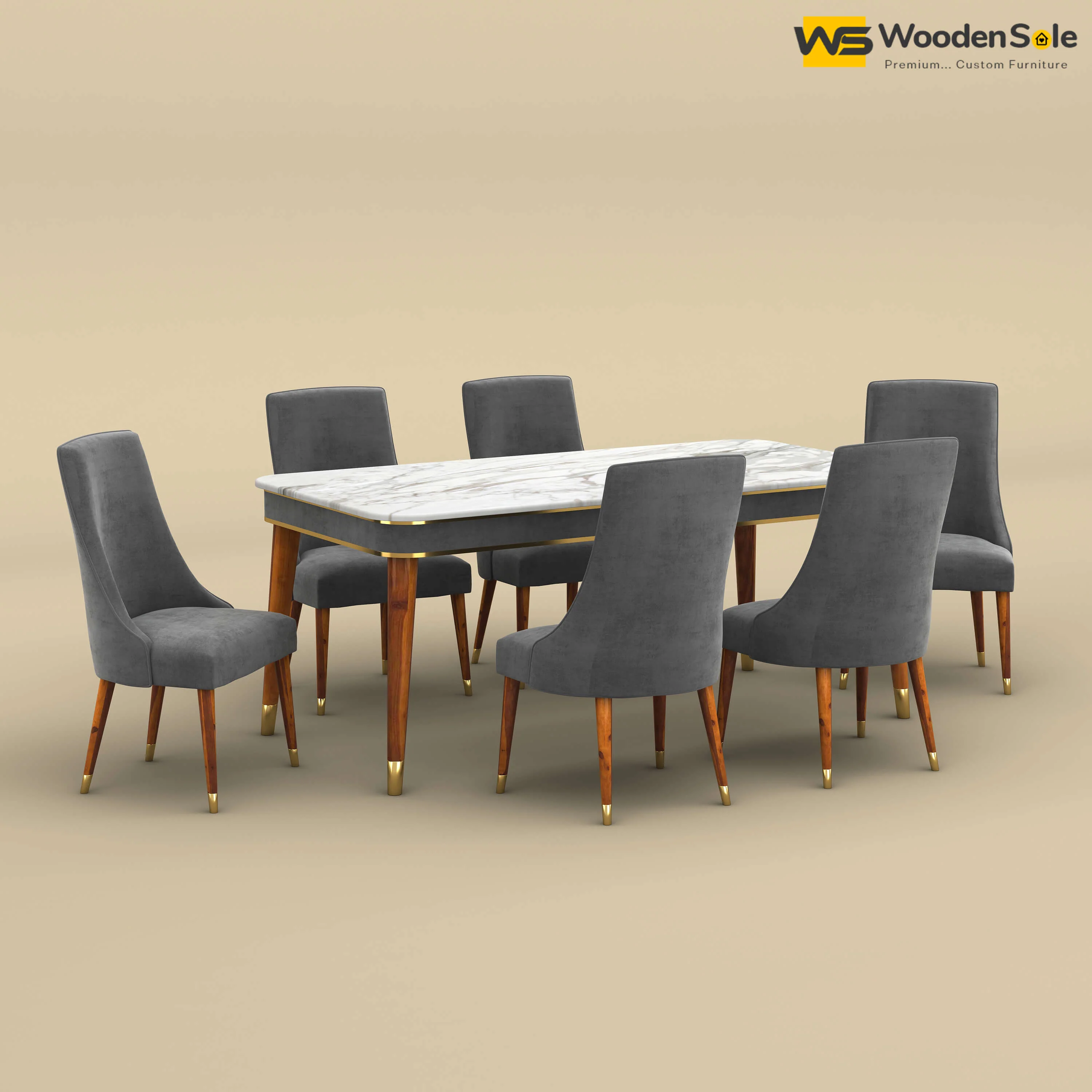 Dublin Marble Top 6 Seater Dining Set (Velvet, Charcoal Gray)