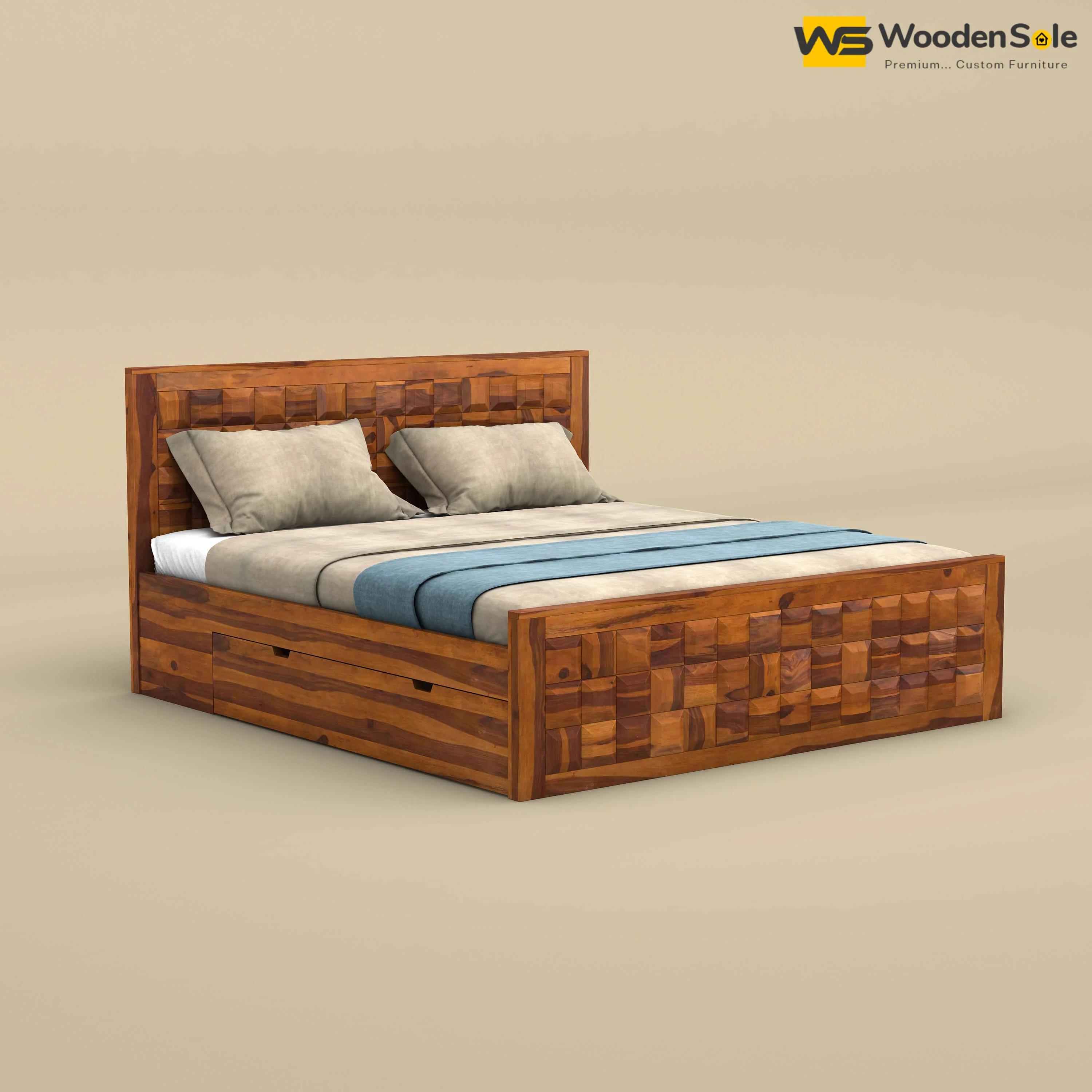 Diamond Drawer Storage Bed (Queen Size, Honey Finish)